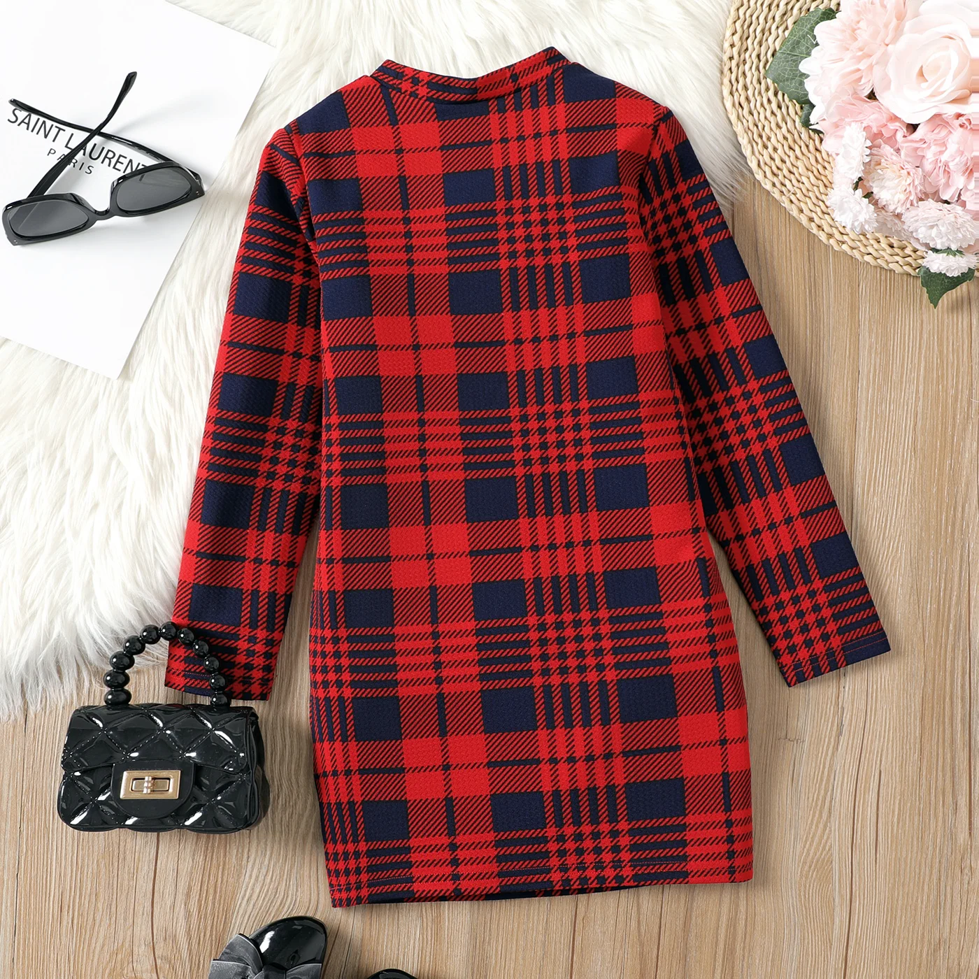 PatPat Christmas Dresses Kid Girl Christmas Plaid Stand Collar Long-sleeve Dress