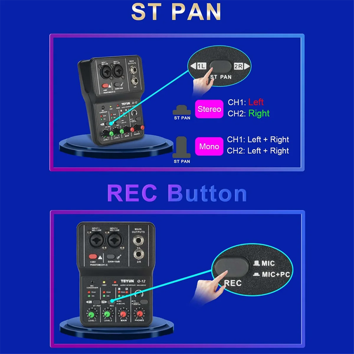 BFYLW TEYUN Q12 คอมพิวเตอร์บันทึกเสียงการ์ด 16Bit/48KHZ การ์ดเสียงแบบพกพาผสมสําหรับกีตาร์ Home Studio Music Pro Q12