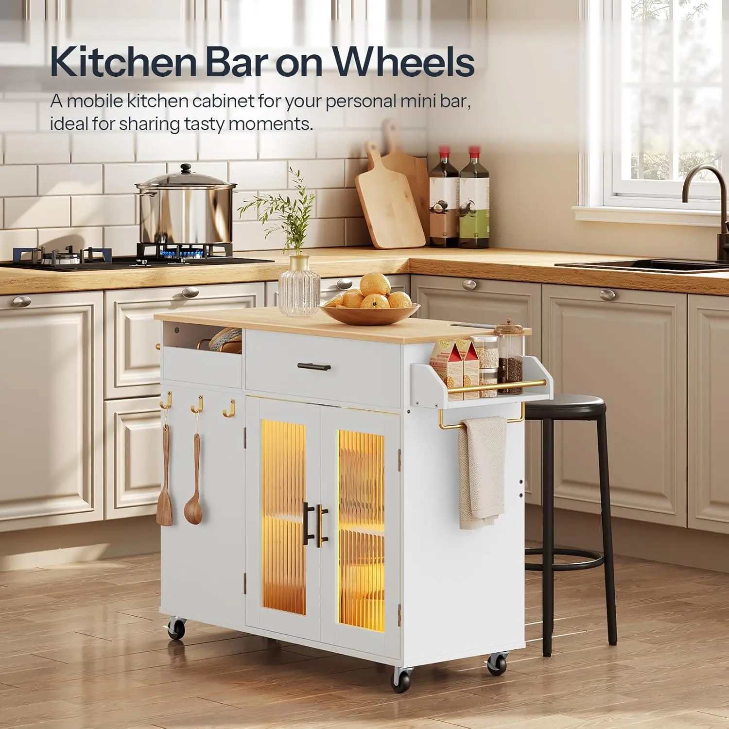 Kitchen Island with Power Outlet, Kitchen Island on Wheels, Rolling Kitchen Island Cart with Led Light, Large Worktop