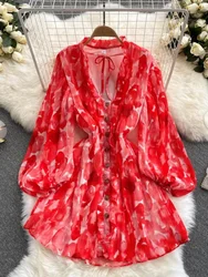 Spring Autumn  New Fashion Temperament Retro Printing Vestidos Female V-neck Puff Sleeve V-neck Tie Waist Dress KK1144