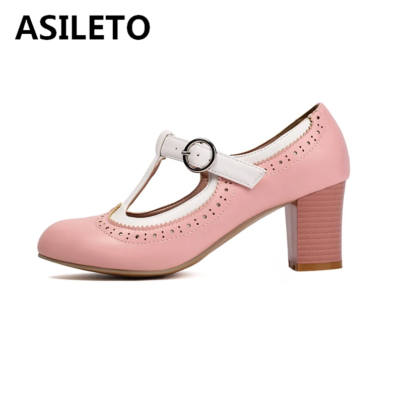 ASILETO 2025 Cute Women Pumps Round Toe 6.5CM Block Heels T Strap Buckle Big Size 40 41 42 43 Black Beige Pink Comfort Sweet