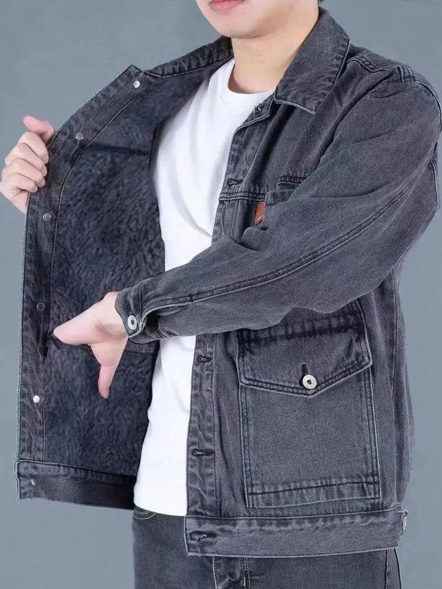 

Мужская джинсовая куртка свободного покроя, повседневная куртка с воротником-стойкой, большой размер, осенне-зимний модный топ, молодежный сплюз