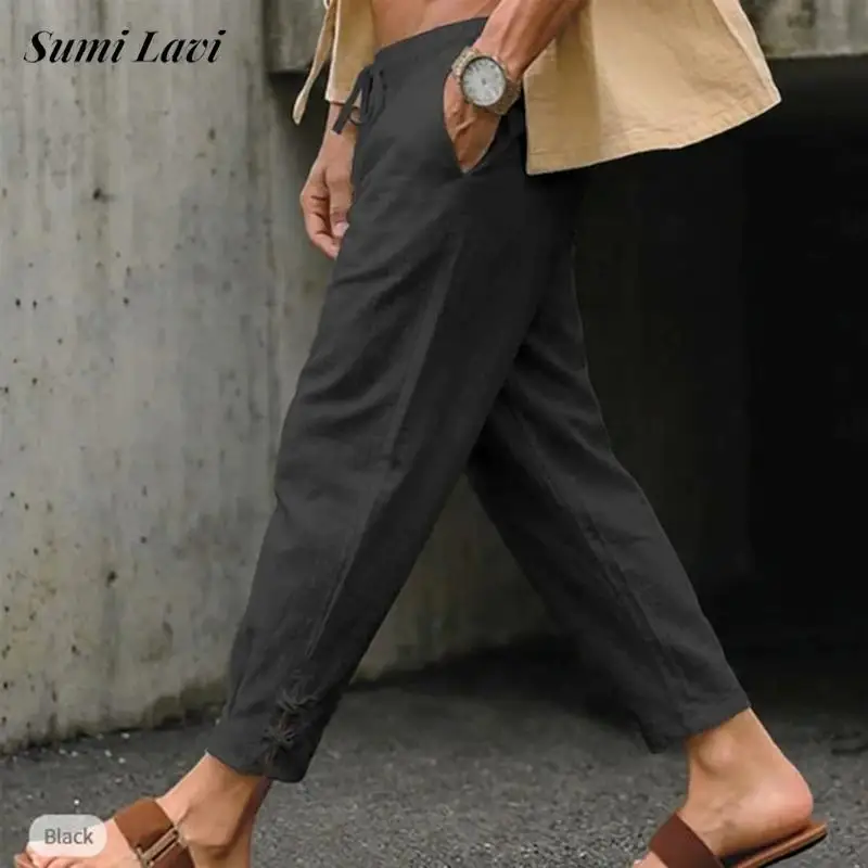 

2026 Spring Summer Seaside Beach Linen Pants Mens Vintage Solid Color Lace-up Ankle-length Bottoms Men Leisure Breathable Pants