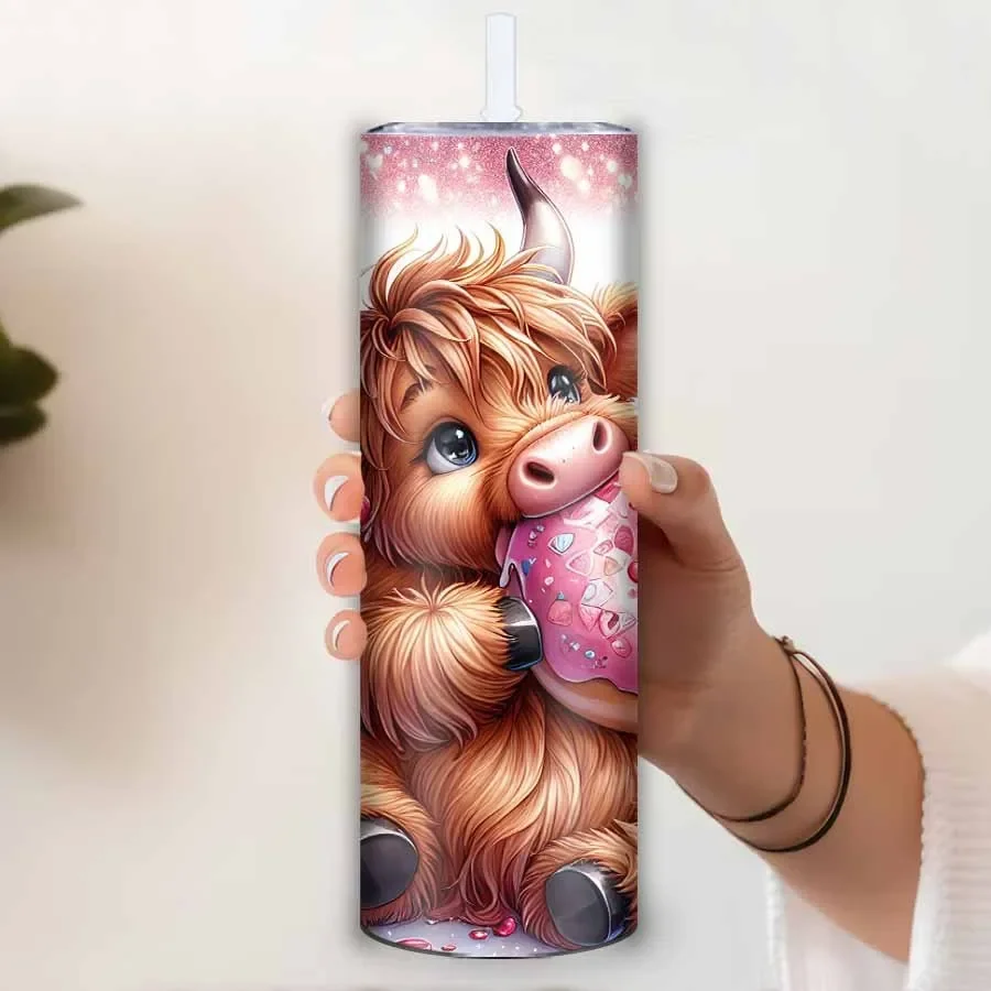 20oz 3D Print Highland Cow & Donut Tumblers Straw Lid 1Pc Stainless Steel Insulated Drink Cups Birthday Gifts Outdoor Travel Cup