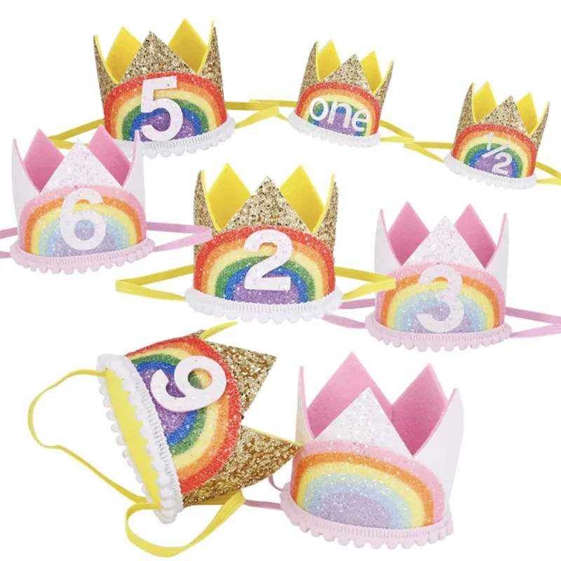 1-9 Rainbow Birthday Crown Hats Baby Shower Kids Birthday Party Digital Hat Decorations Boy Girl Hair Accessory Supplies