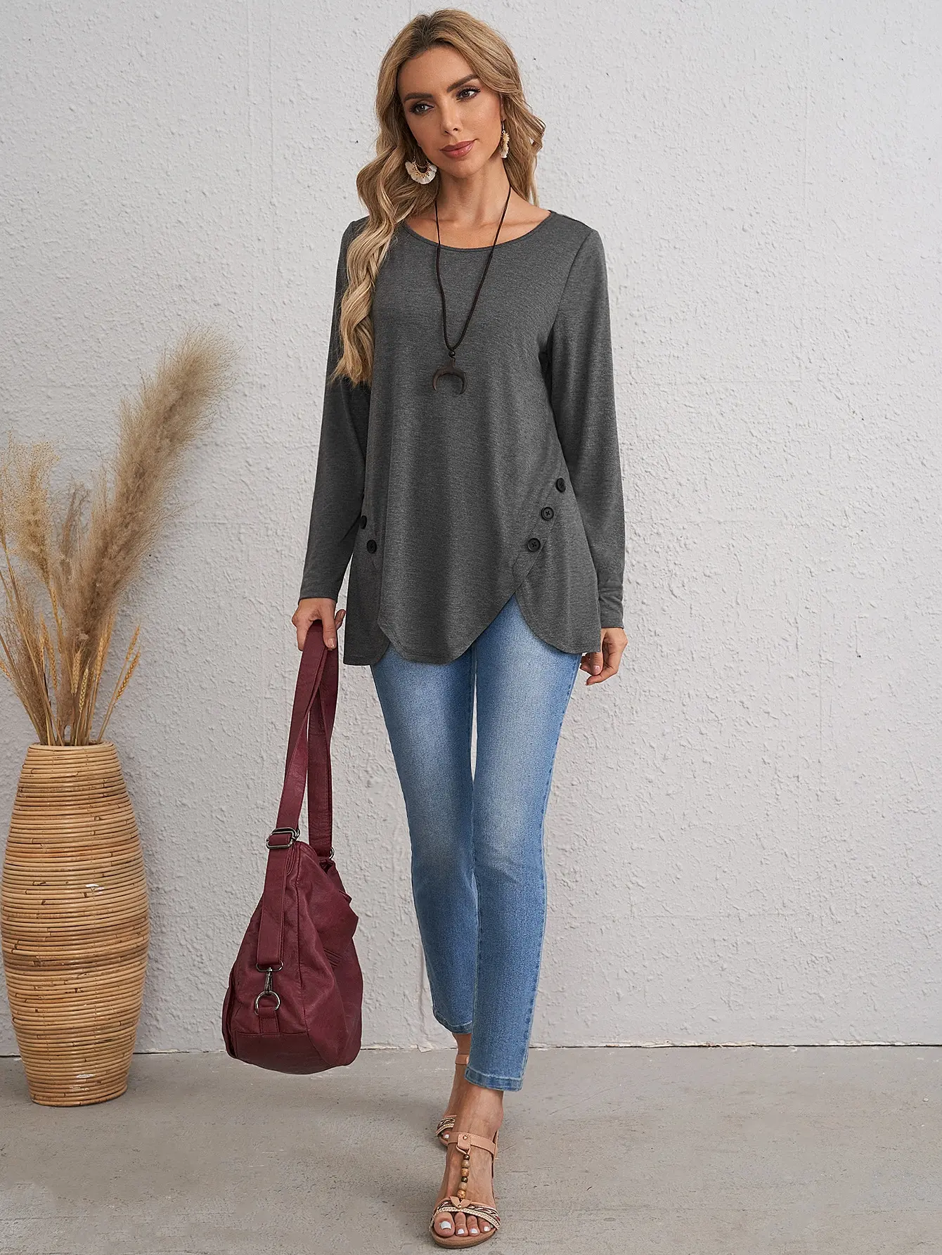 여성용 버튼 장식 스캘럽 밑단 긴 소매 캐주얼 티셔츠 가을 셔츠 겨울 탑 여성 탑