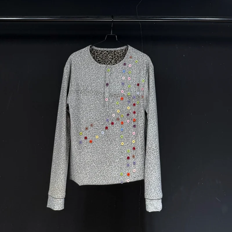 

MWJLPWQ Gray Leopard Print Heavy Button Long-Sleeve T-Shirt Unisex Round Neck Unique Design Niche Men's Wear Autumn Tops 15635