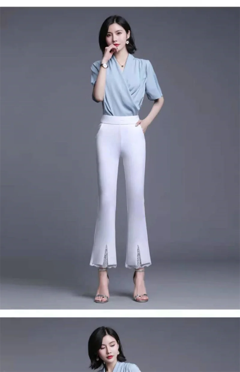 New Office Lady Lace Patchwork White Elastic Waist Casual Pants Summer Solid Women's Versatile Micro Flared Pants Women Clothing