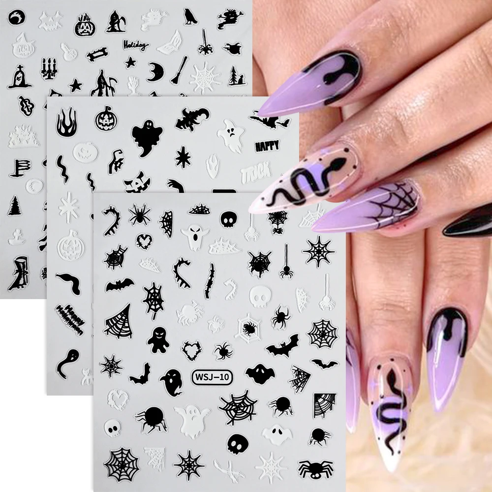 3D Halloween Nail Art Stickers Punk Goth Black/White Skull Pumpkin Bat Spider Web Nail Stickers Sliders Manicure Decal Decoratio