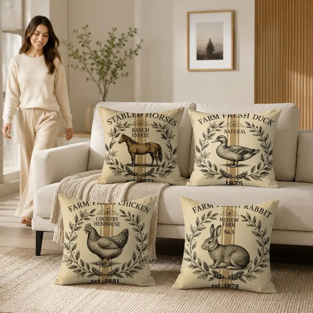 Farm Animal Vintage Rustic Cushion Cover Soft Short Plush Pillow Case Double Sided Print Washable Sofa Home Decor Gift