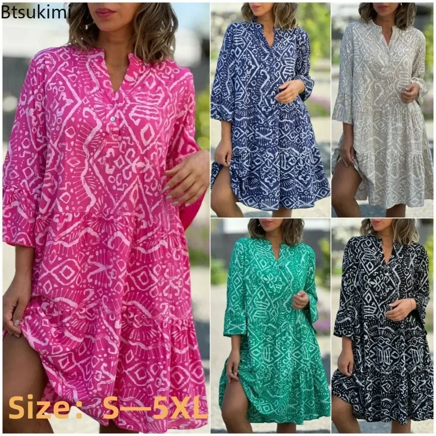 New 2025 Women's Spring Summer Casual Dress Three Quarter Horn Sleeve Dress A-line Print Hem Bohemian Midi Fashion Dress Vestido