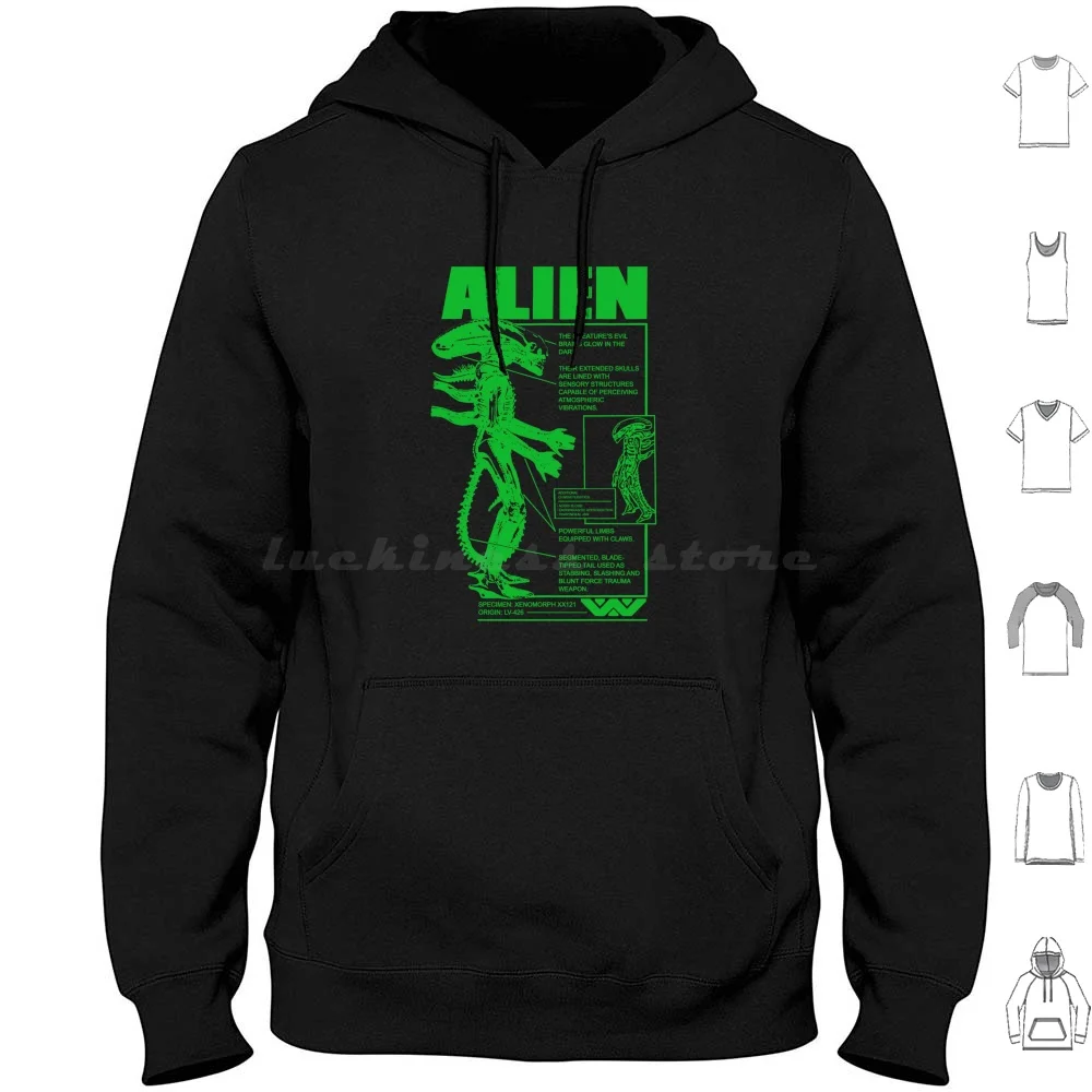 Amostra-ácido verde moletons manga comprida Xenomorph Yutani Kenner Corp Ripley 426 Giger 1979 Hr