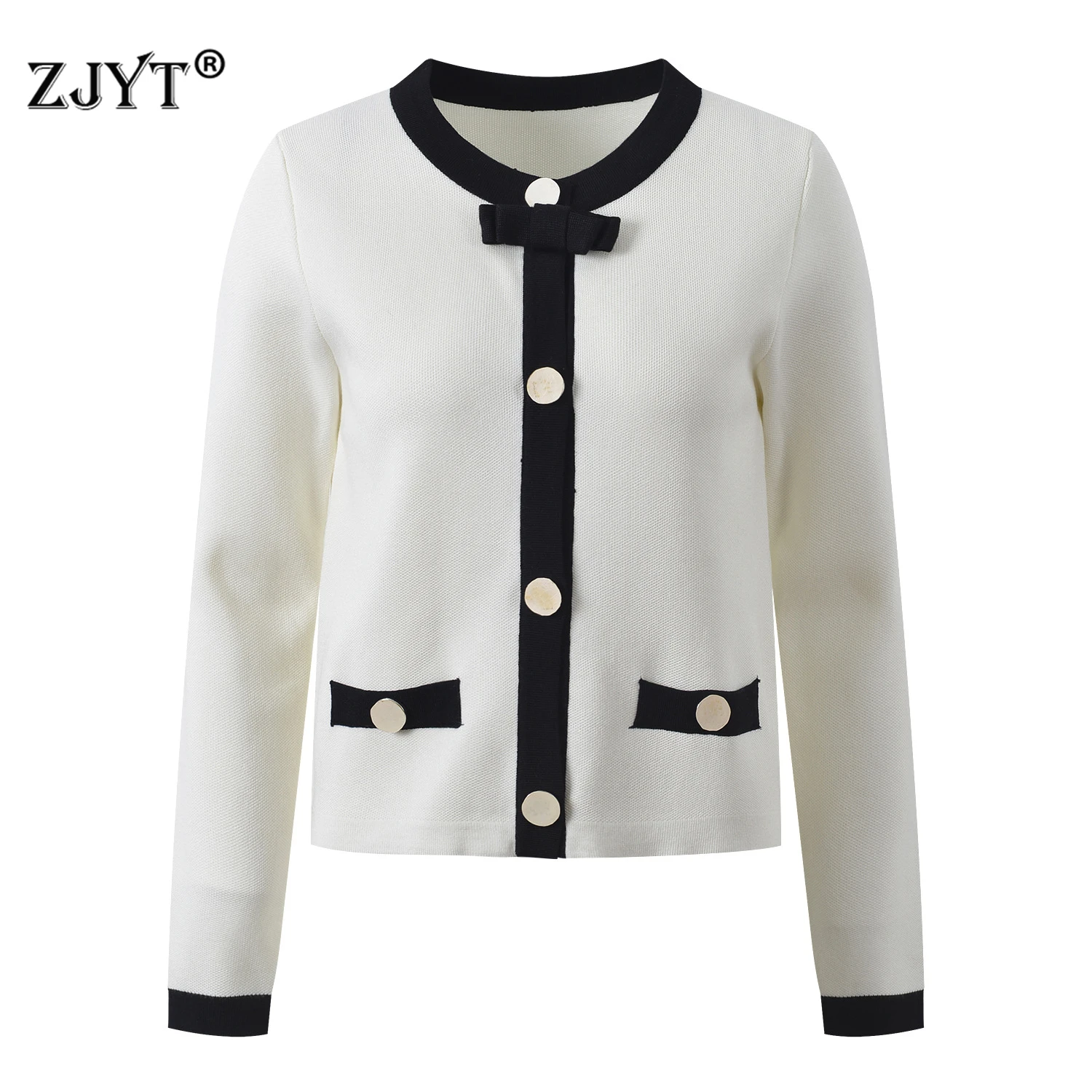 

ZJYT модные вязаные кардиганы с длинными рукавами хитового цвета, свитера для женщин, весенне-осенние топы с бантом, белый, черный трикотаж Mujer