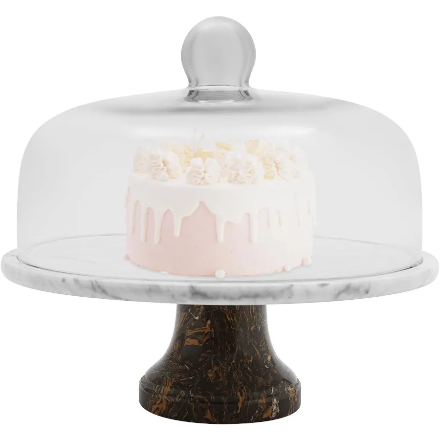 

Elegant Marble Cake Stand with Glass Dome Lid - 11.8 Inch Round Footed Cake Plate for Weddings Birthdays and Parties Nordic Sty