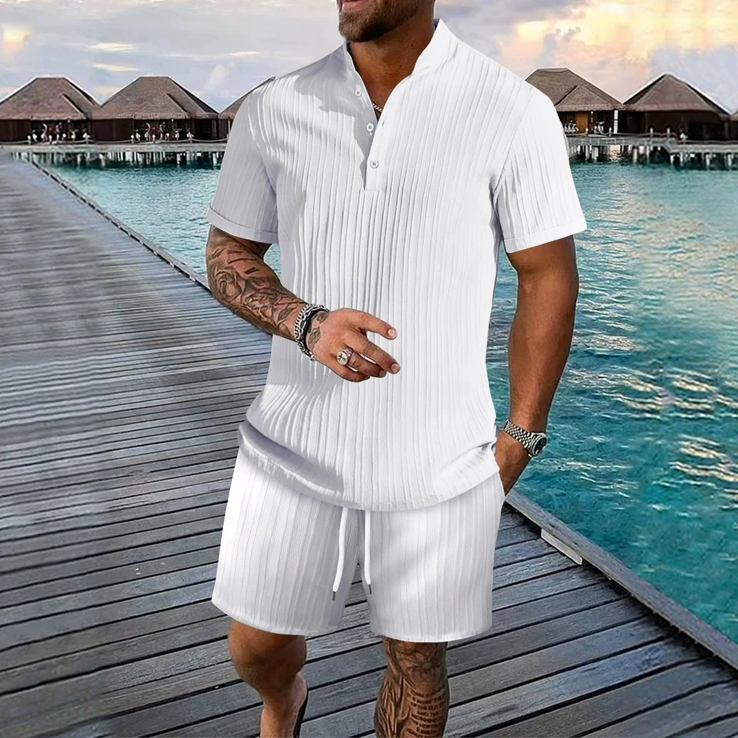 Men's summer loose-fitting shirts, casual loose-fitting short-sleeved breathable shorts, beachwear, simple and fashionable style