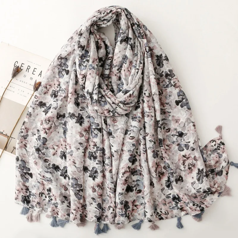 

Floral Print Women Scarf Summer Beach Shawl Cotton Linen Feeling Tassel Pashmina Muslim Hijab Wrap Lady Viscose Scarf