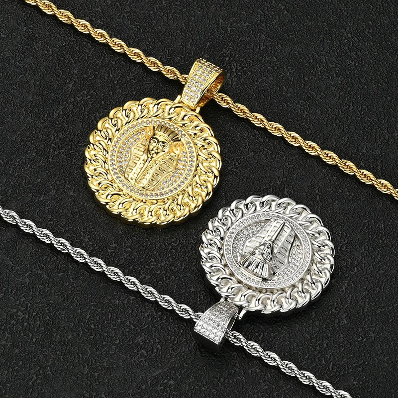 Hip Hop CZ Stone Paved Bling Ice Out Egyptian Pharaoh Tutankhamun Round Pendants Necklace for Men Rapper Jewelry Drop Shipping