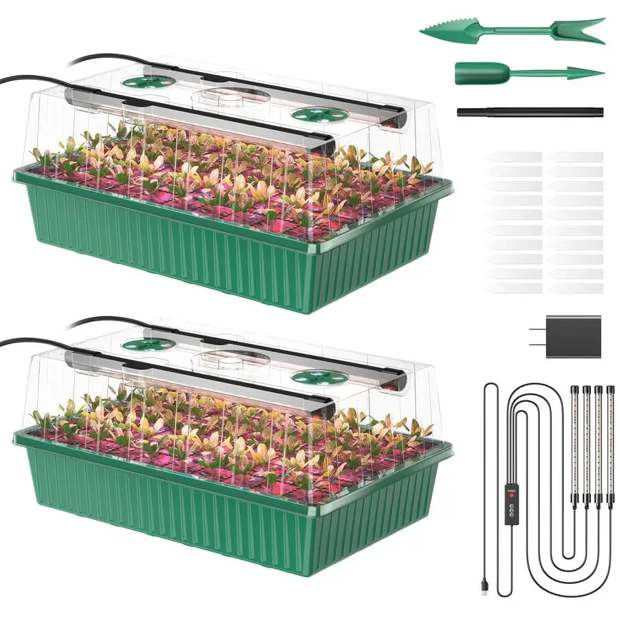 

Starter Tray, 120Cells Seed Starter Kit with Grow Light, 2 Pack Reusable Seeding Starter Trays with Air Vent Humidity Domes for