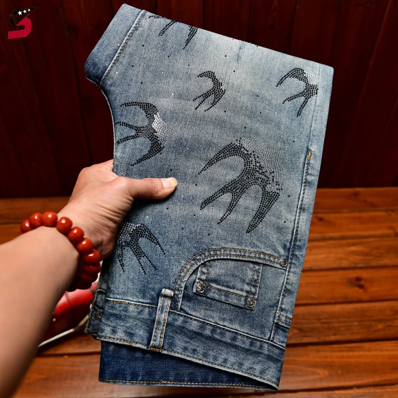 

Premium Fashion Jeans for Men, Rhinestone & Printed Design, Slim Fit Stretch Denim Pants, Korean Style Trendy Trousers