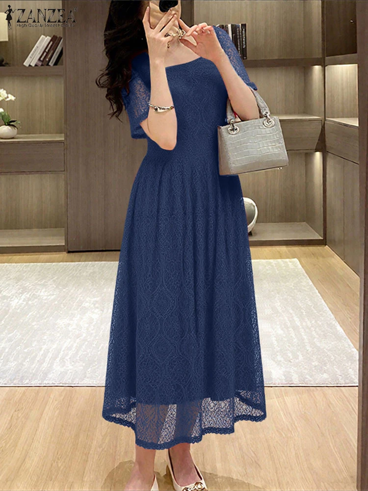 ZANZEA Women Lace Maxi Dress 2025 Summer Office Sundress Fashion Square Neck Solid Elegant Vestidos Casual Short Sleeve Robe
