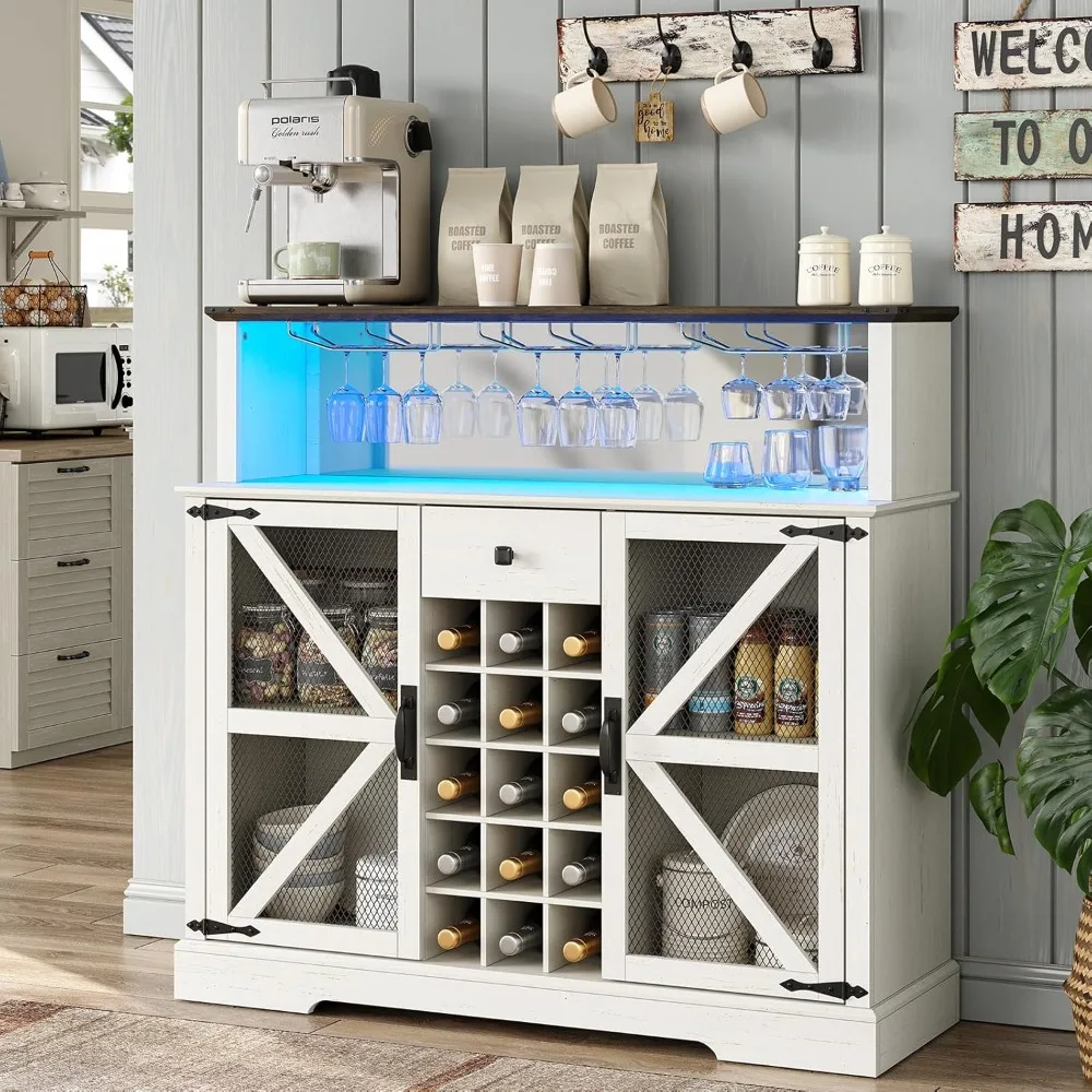 

Bar Cabinet with LED Lights, 47.3" Wine Bar Cabinet, Farmhouse Mental Mesh Door & Wine and Glass Rack, Kitchen Buffet Cabinet