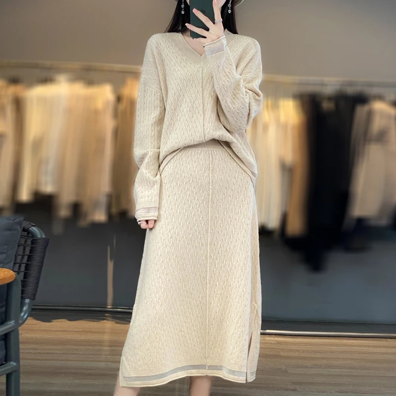 Women\'s New 100% Australian Wool Skirt Set V-Neck Long Sleeve Pullover Sweater Versatile Western Style Half Skirt Women\'s Set