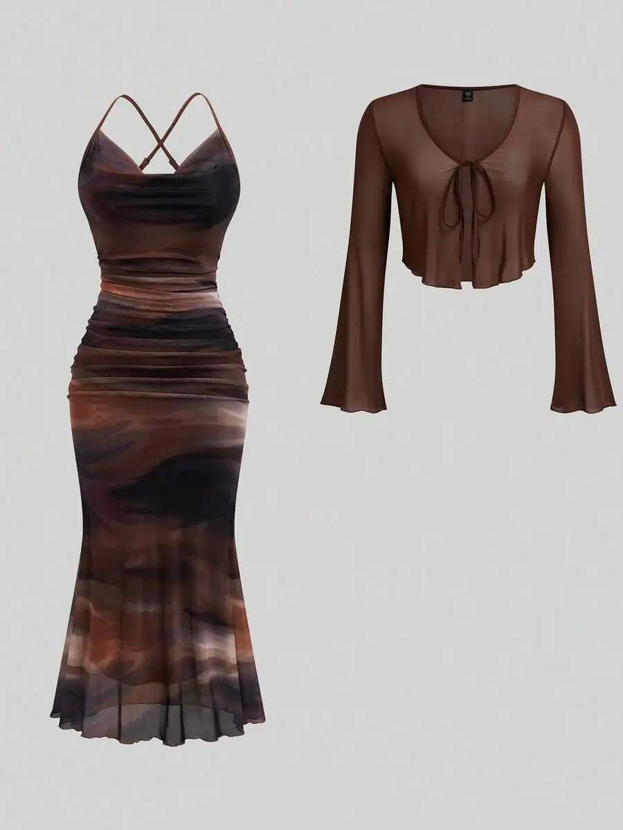 

Коричневое градиентное платье из прозрачной сетки с укороченным болеро в комплекте