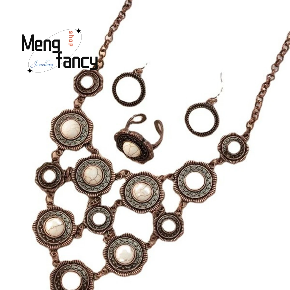 البوهيمي خمر متعدد الطبقات جولة الأبيض الصنوبر والأزرق الصنوبر قلادة أقراط خاتم مجموعة مجوهرات الأزياء الأنيقة رائعة