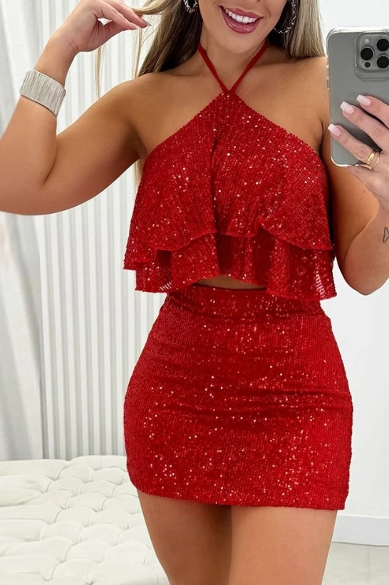 Halter Ruffles Full Sequin Short Sleeveless Top and Skorts Set Popular Women's Sexy Evening Dress Set In Spring and Summer