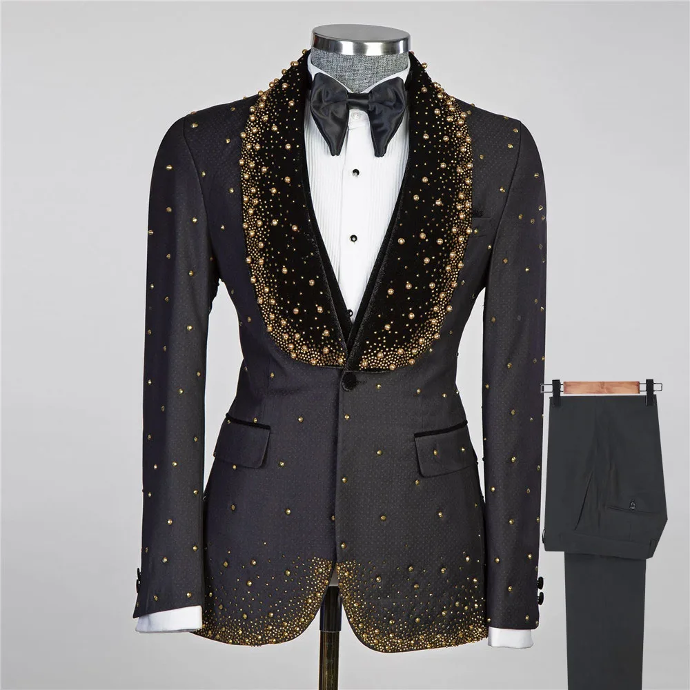 

Luxury Gold Diamond Beading Suits Men For Wedding Tailored Made Man Business Party Groom Tuxedos Male Fashion Clothing 3 Piece