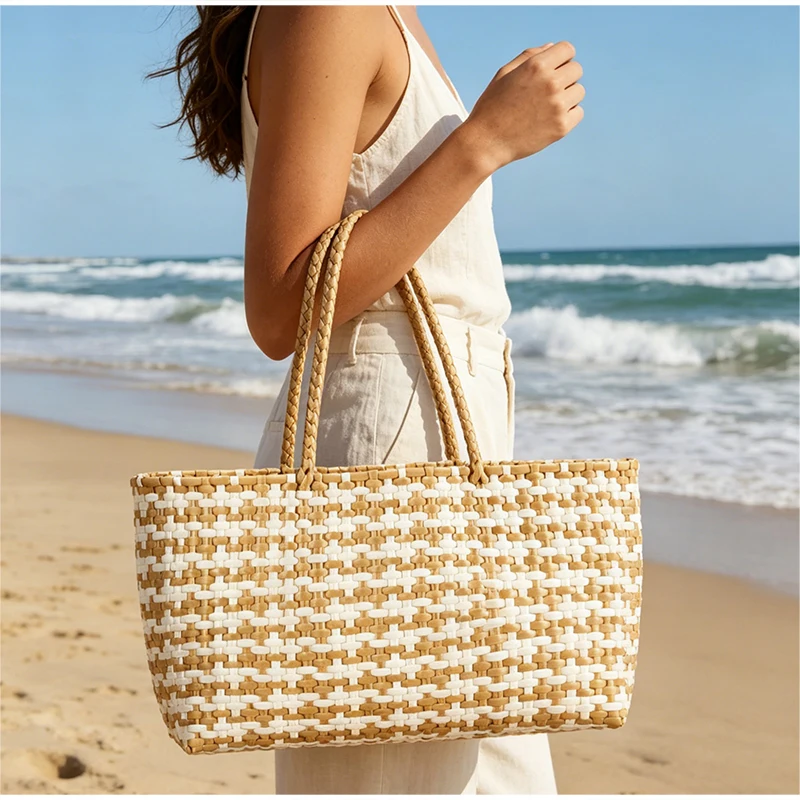 Gewebte Kunststoff-Gemüsekorb-Umhängetasche, vielseitige Damen-Handtasche im Lazy-Style, leichte Strand- und Einkaufstasche für den Urlaub – Detail 4