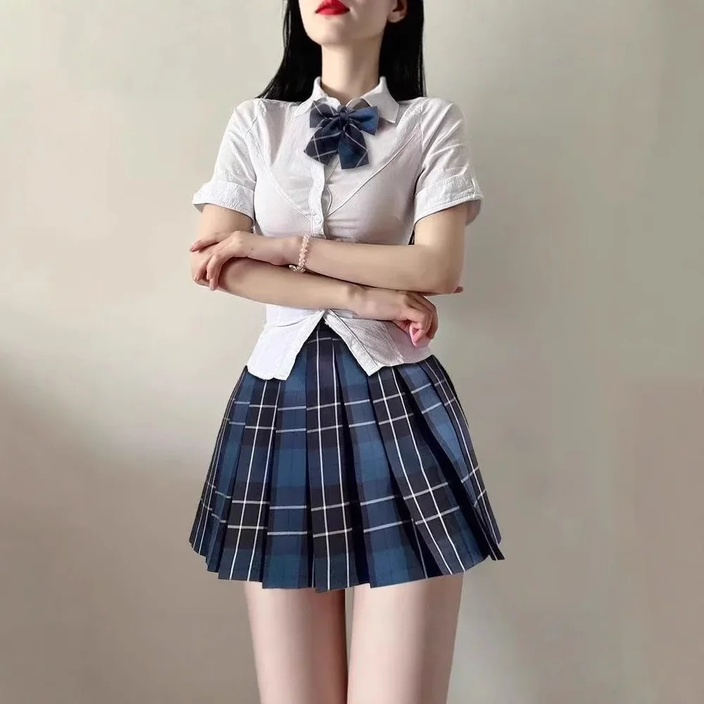 College Style Korean Jk School Uniform Set White Shirt Waist Cinched Plaid Pleated Mini Skirt Half Length Skirt Set