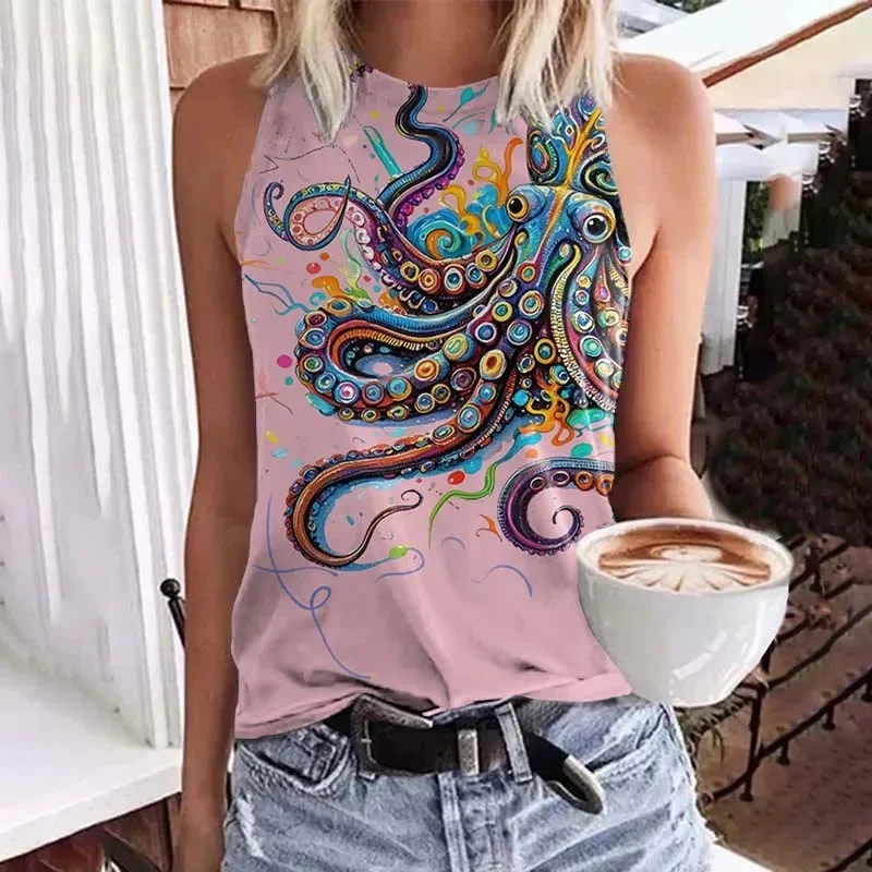 Vintage Rainbow Octopus Art Pattern Print Crew Neck Tank Top Summer Women's Casual Vest