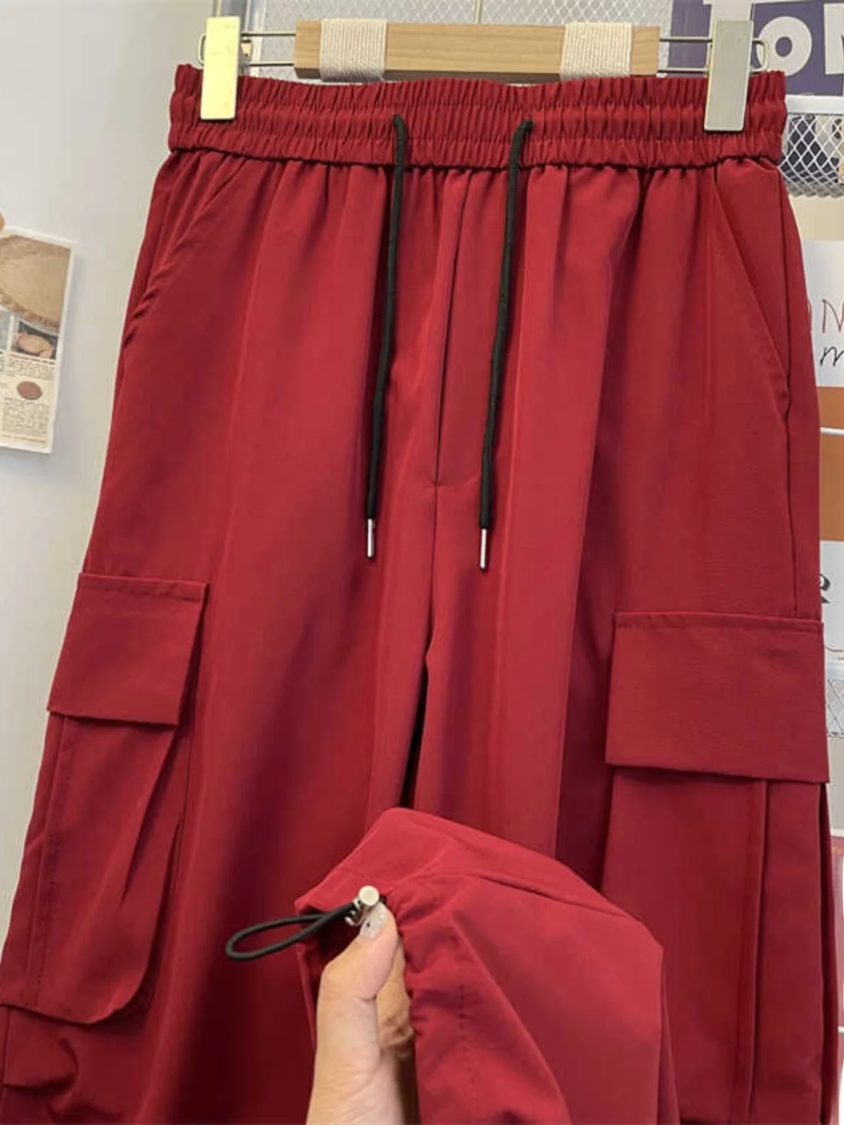 

American Retro Red Work Pants Men Women Summer Thin Straight Casual Ice Silk Dstring Soldier Sports Trousers