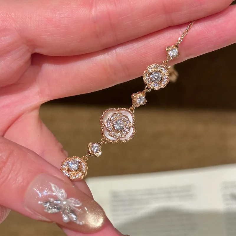 

Stunning Pink Mother-of-Pearl Camellia Bracelet for Women; Fresh and Elegant Hand Jewelry; Best Gift for Valentine's Day