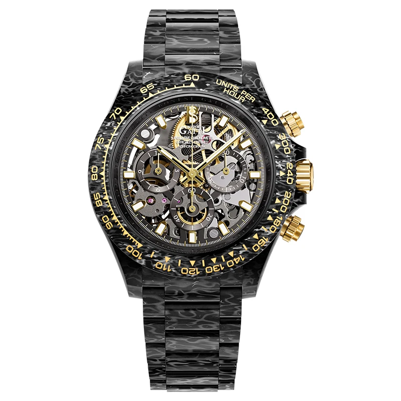 BONEST GATTI BG9014 Luxury Skeleton Automatic Mechanical Watch Carbon Fiber Band Chronograph Sports Business Mens Wristwatch