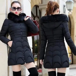 Winter Women Jacket Parka Big Fur Collar Hooded Thick Warm Female Coat Casual Outwear European Fashion Black Tops -30 Degrees