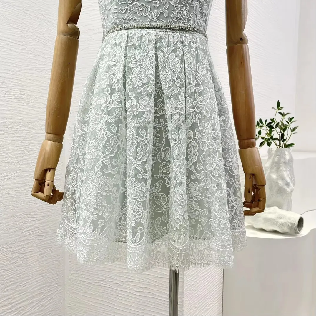 2024 NeW Top Quality Mint Green Sleeveless Lace Diamonds Women Elegant Spaghetti Mini Dress for Party