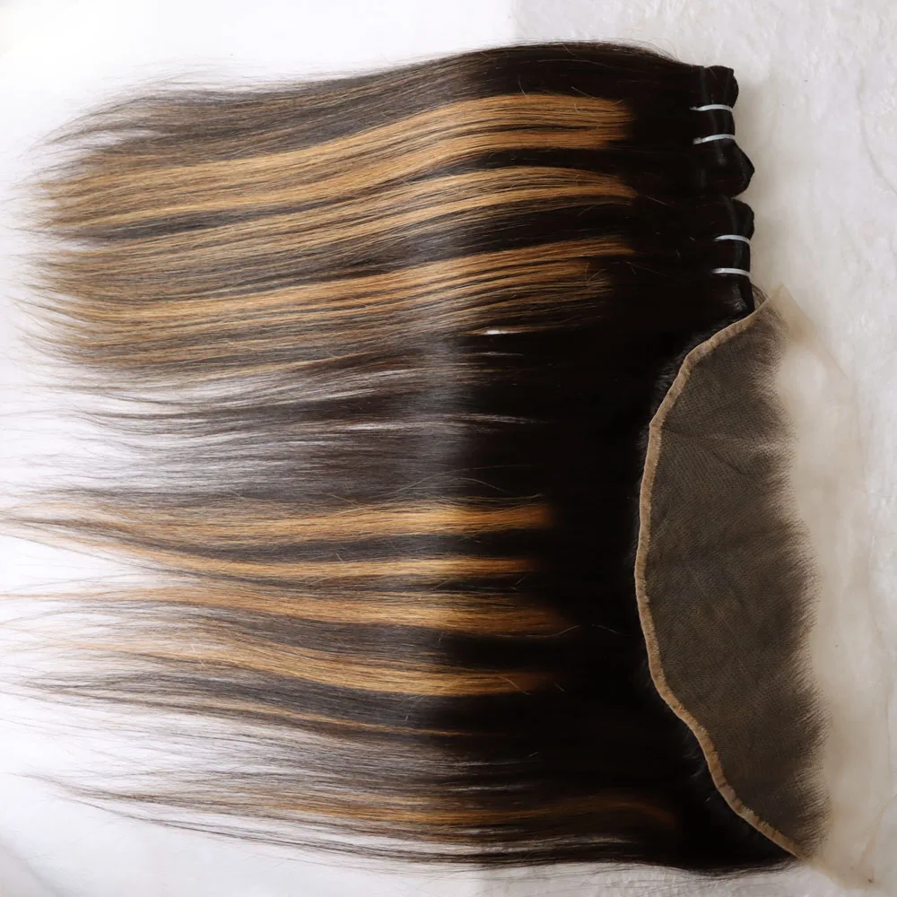 حزمة الشعر البشري مع الدانتيل إغلاق أمامي 4x4 5x5 13x4 13x6 عذراء الشعر الهندي تسليط الضوء على أومبير 1B 27 العسل شقراء كامل الرأس