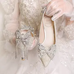 African Woman Shoe Beige High Heels Burgundy 12cm Crystal Bow Gold Fine Bridal Butterfly-knot Autumn Pumps Thin African Woman Sh