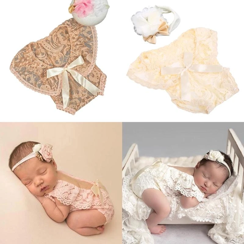 2 Pcs 0-1Month Newborn Photography Props Baby Headband Lace Romper with Ribbon Bows Set Flower Hair Band Headdress