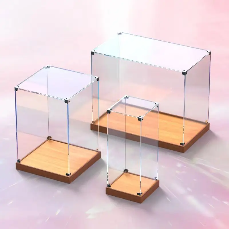 Transparent Acrylic Board With Wooden Bottom Display Box Suitable For Building Blocks Toy Car Model Doll Figures Storage Display