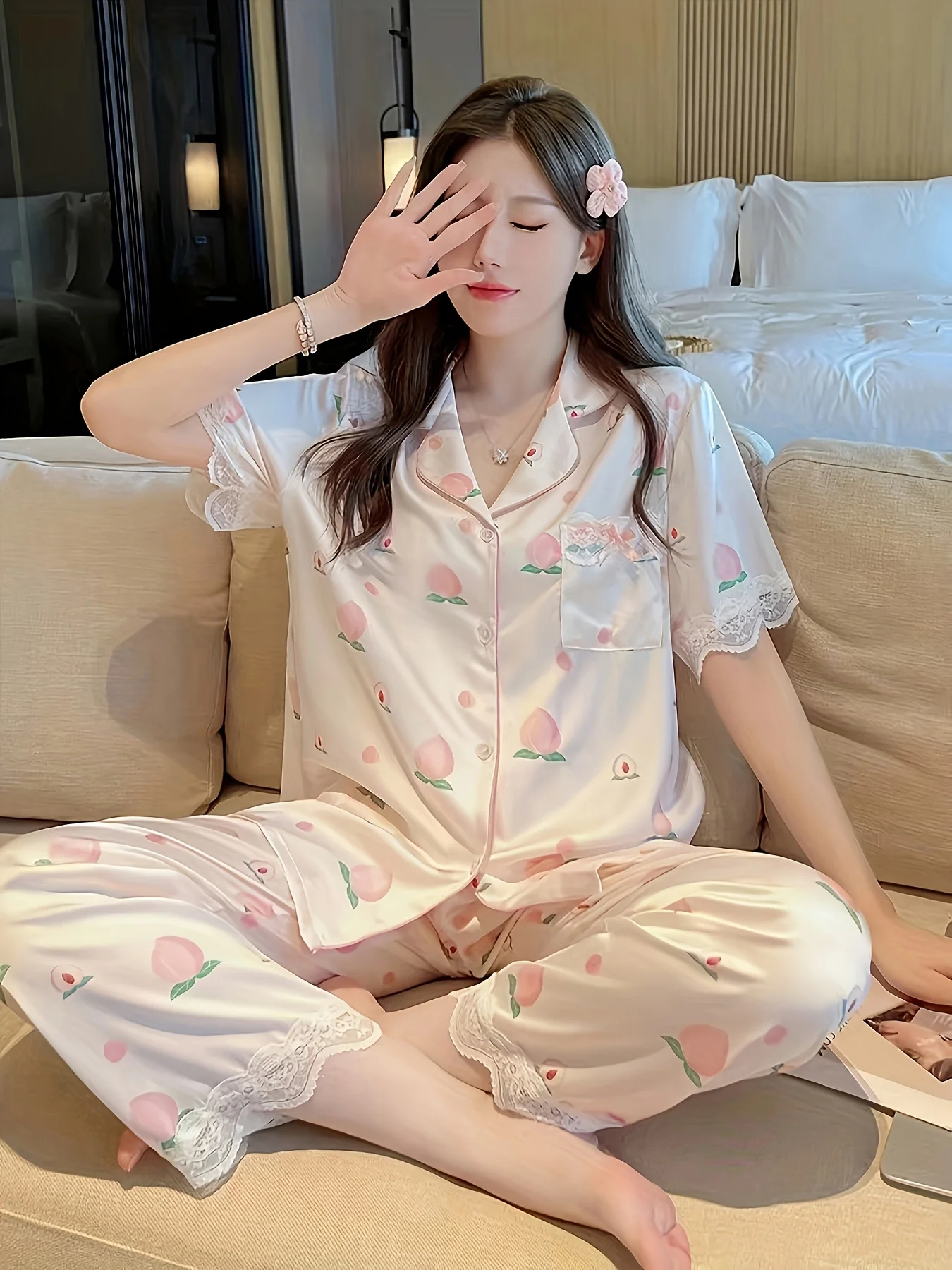 Women's Summer Short Sleeve Thin Korean Style Peach Lace Trim Sweet Faux Sexy Home Wear Set