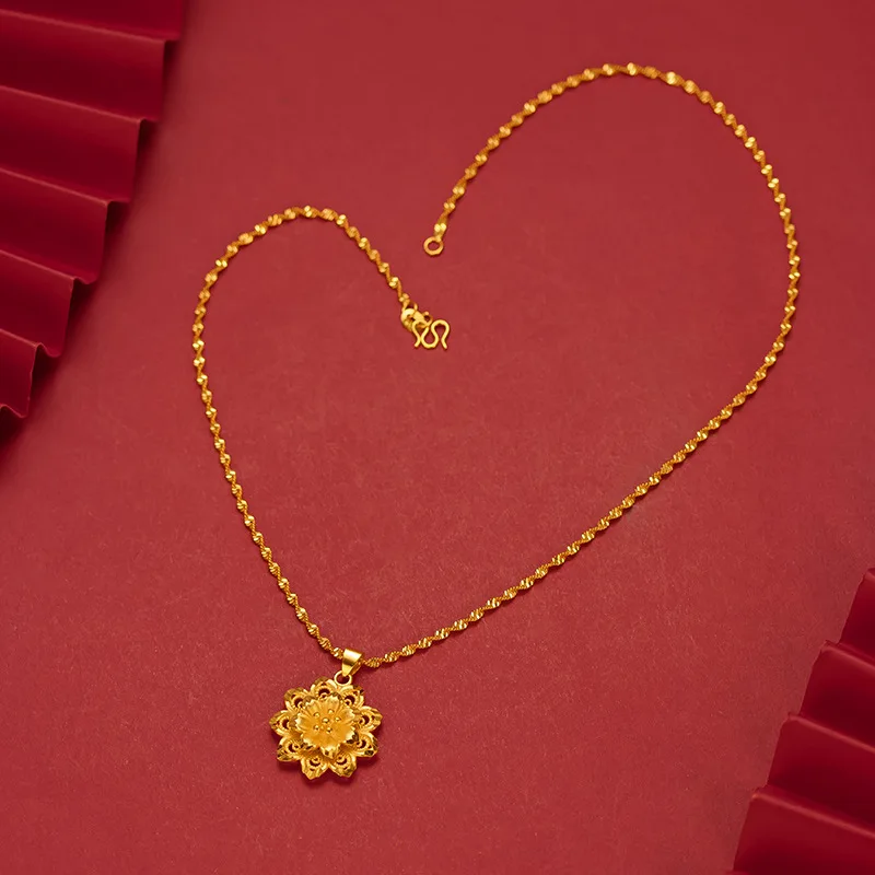 Solid 18k Yellow Gold Color Hollow Sun Flower Necklace for Women Bride Charm Fine Jewelry Link Chain Wedding Party Gift Not Fade