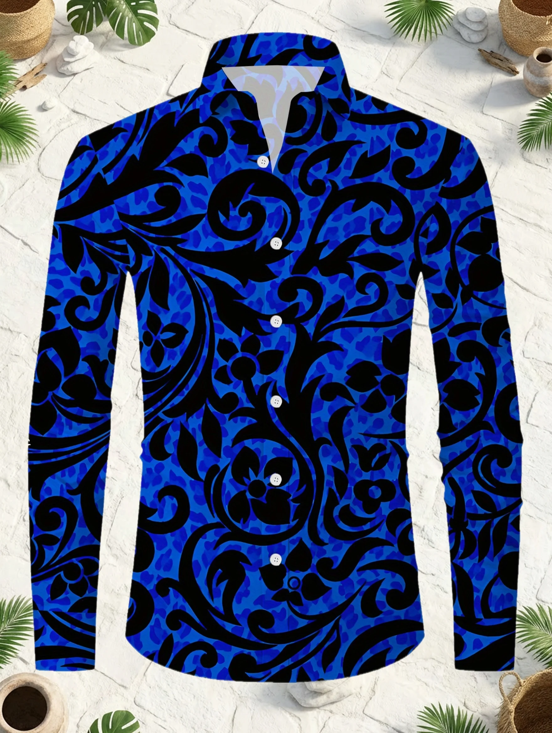 Trendy Men Button‑Up Shirt Retro Baroque Curly Floral Art Print Polyester Nightclub Dating Street