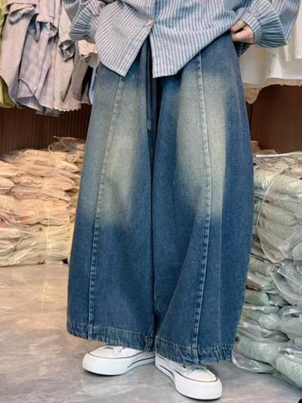 Washed out Slimming Wide Leg Denim Jeans Women's Casual High Waist Cotton Polyester Blend Long Pants Autumn New Style plus Size
