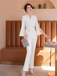 Women's Double-breasted Flare Sleeve Blazer and Pants Set  Chic Office Lady Suit Sashes Summer 2024 Trouser Suit 2 Pcs Sets