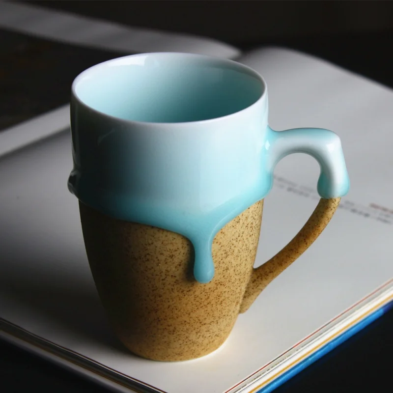 ★Sunny Jingdezhen Ceramic Flower Mouth Misty Blue Flow Glaze with Handle Scented Tea Cup Handmade Creative Gift Cup
