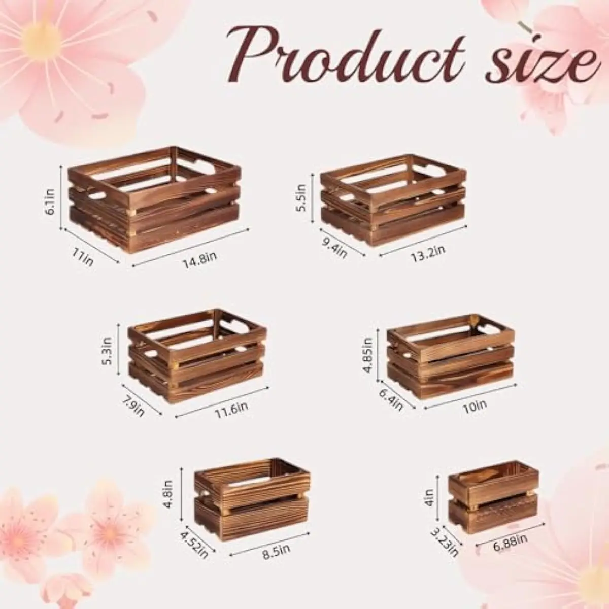 Set of 6 Hand-Finished Pine Wood Nesting Crates in Graduated Sizes — Rustic Display Boxes with Cutout Handles for Home, Wedding,