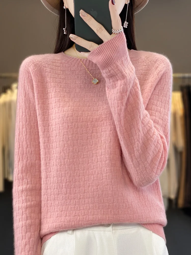 High Quality Waffle Spring Autumn Winter European Style Women Fashion Pullovers Knitted Cashmere 100 Merino Wool Sweater